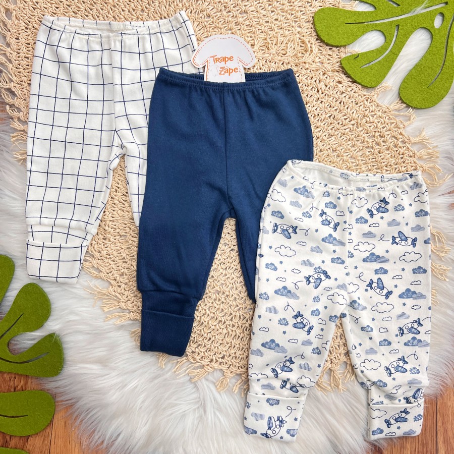 Kit 3 calças - Quadriculado, Marinho, Aviãozinho Azul Jeans